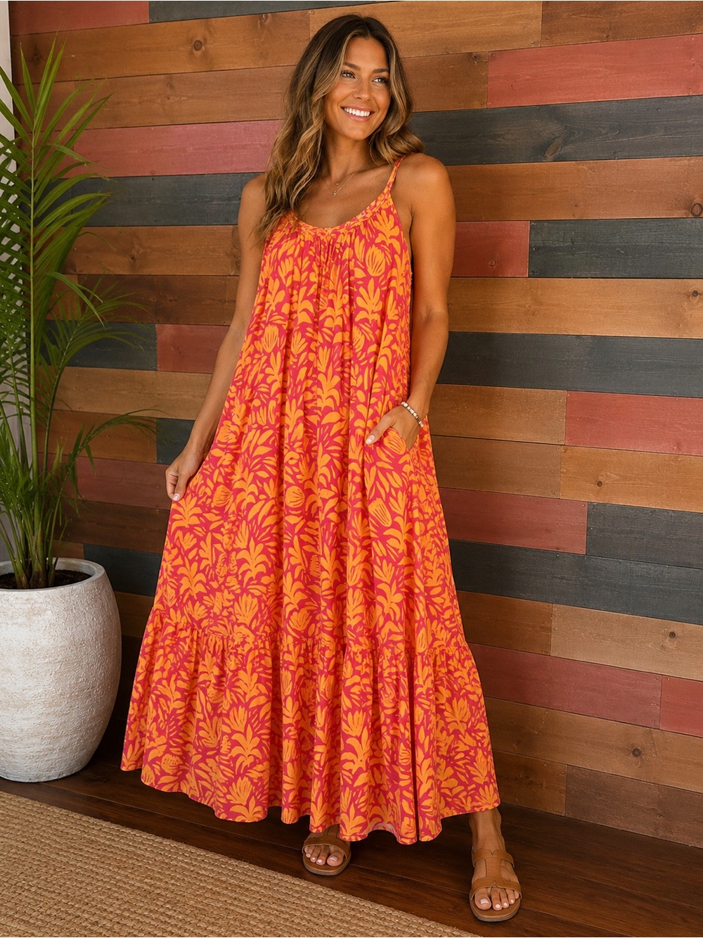 Palms Away Orange and Pink Floral Scoop Neck Maxi Dress